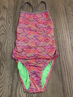 Source Unknown Pink & Neon Green Patterned One-Piece Swimsuit